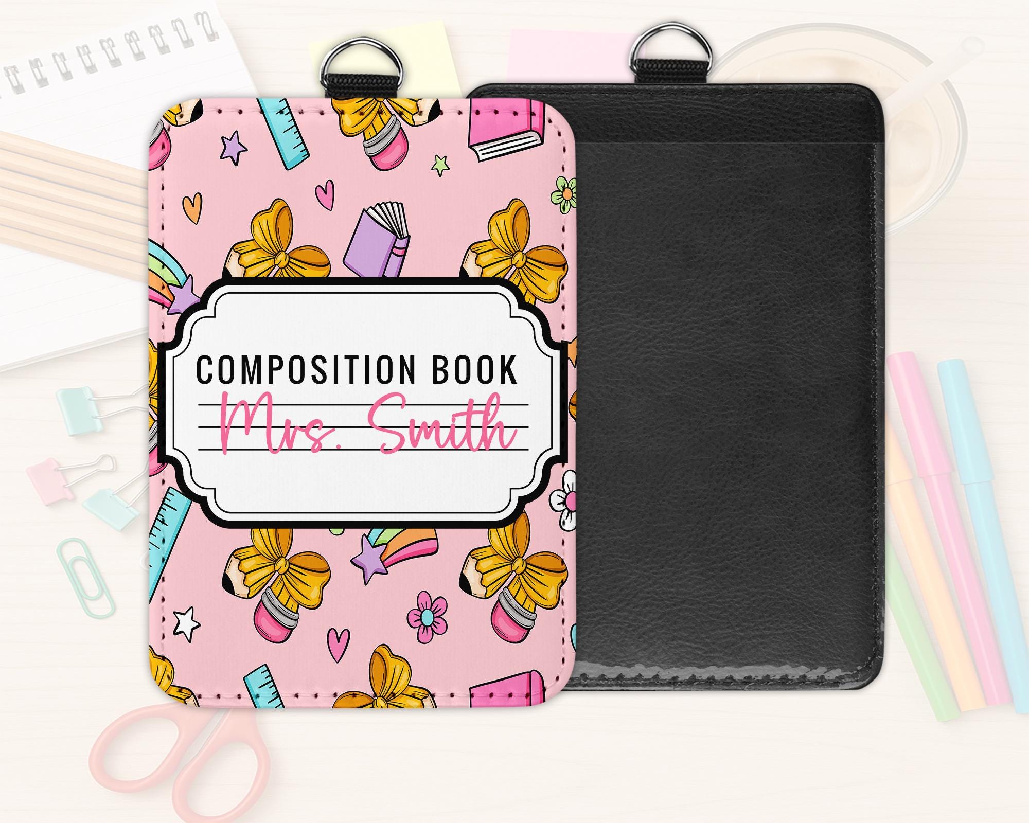 Personalized Teacher ID Badge Holder: Preppy Pencil Design