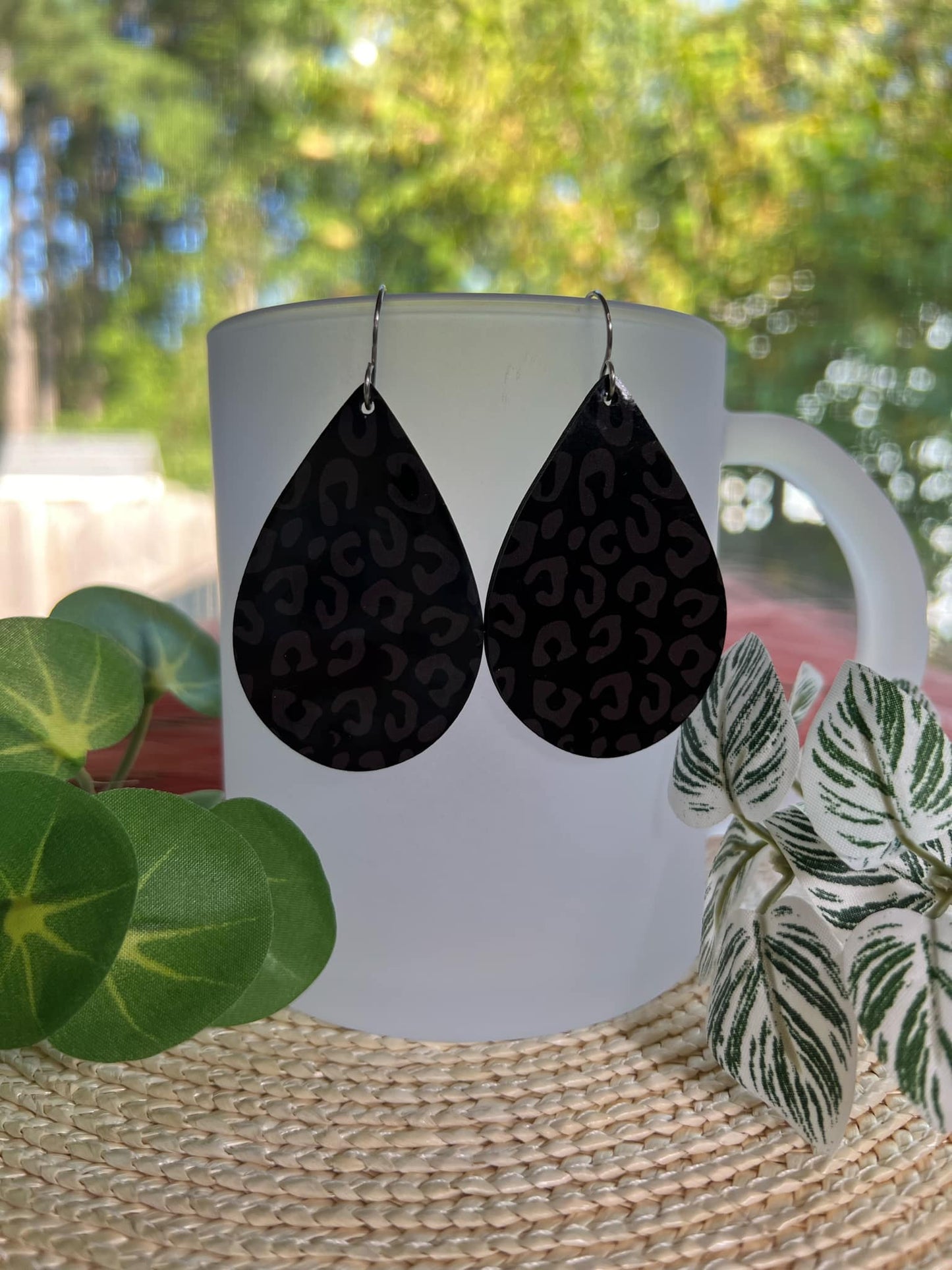 Black on Black Leopard Print Teardrop Earrings