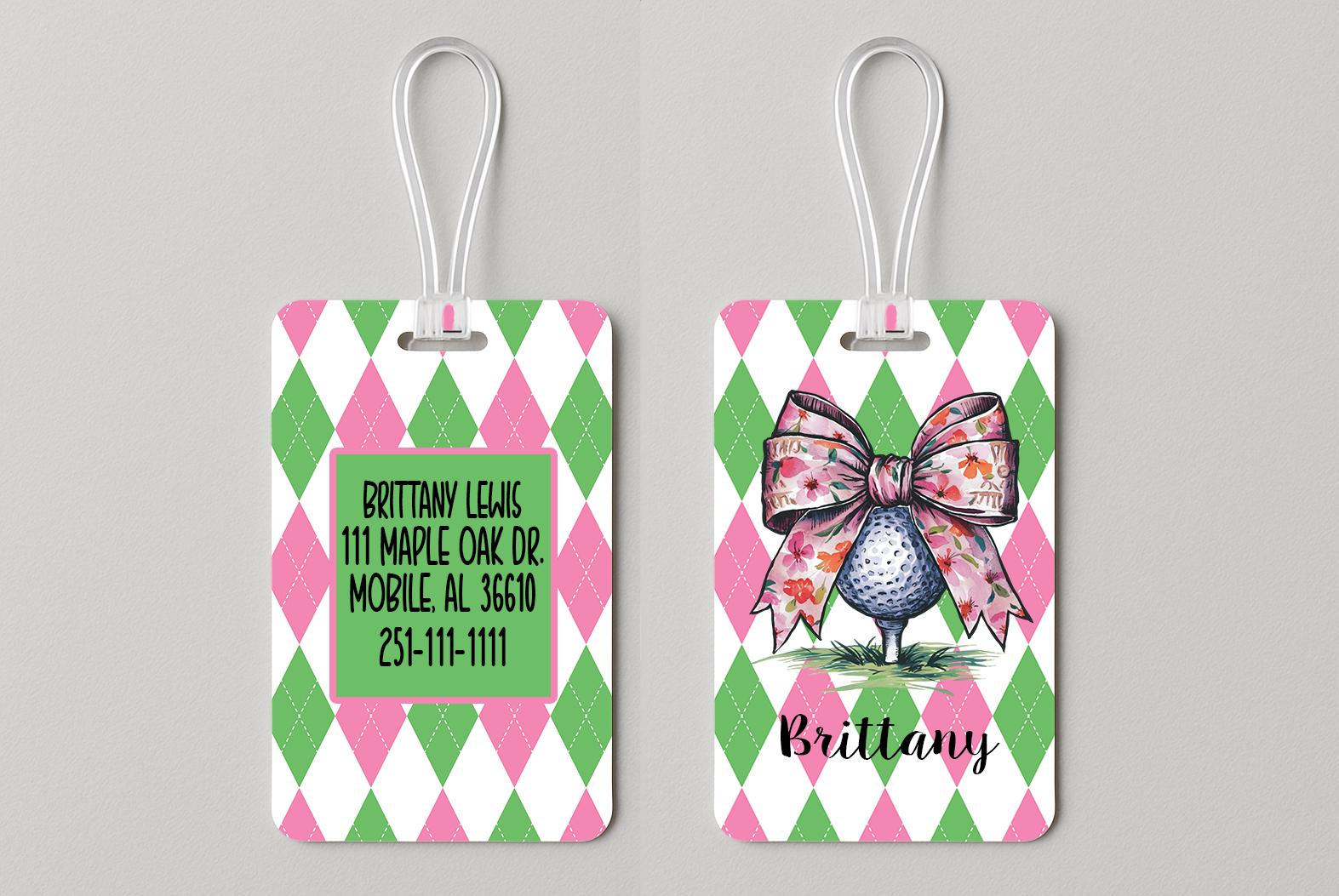 Personalized Argyle Floral Bow Golf Ball Bag Tag