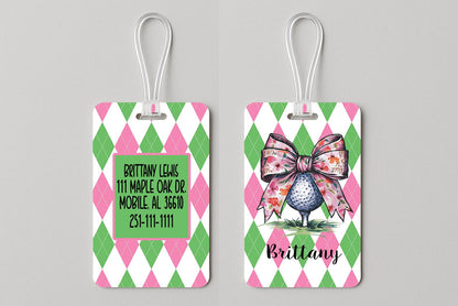Personalized Argyle Floral Bow Golf Ball Bag Tag