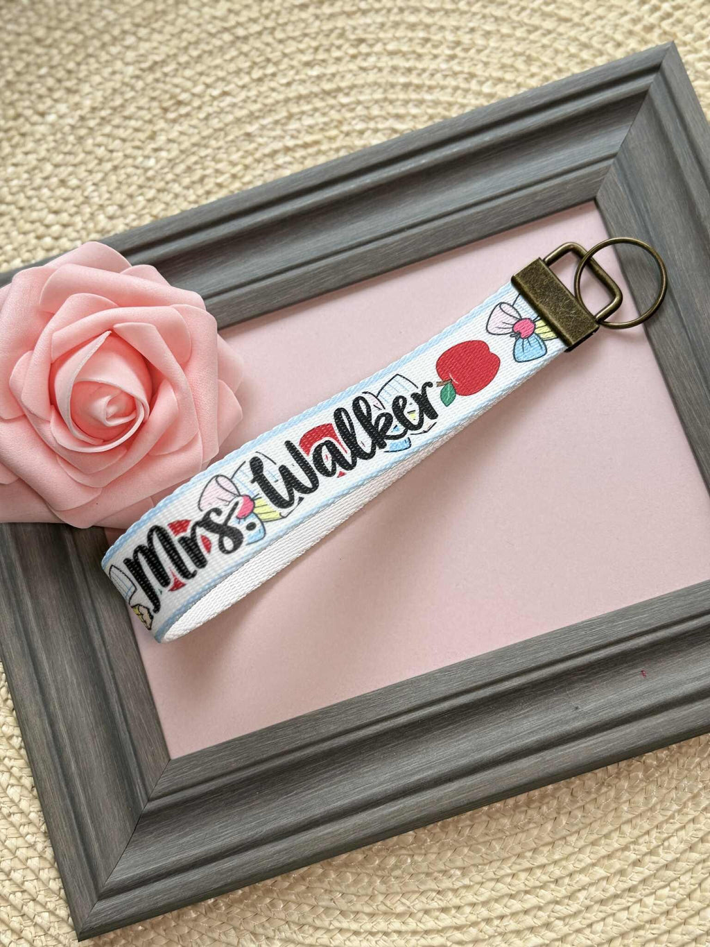 Personalized Apples and Bows Teacher Key Fob Wristlet