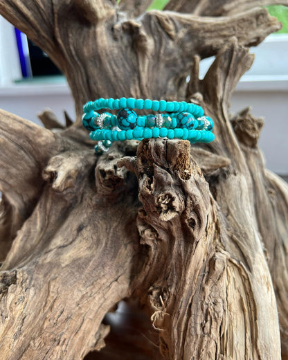 Turquoise And Silver Memory Wire Bracelet