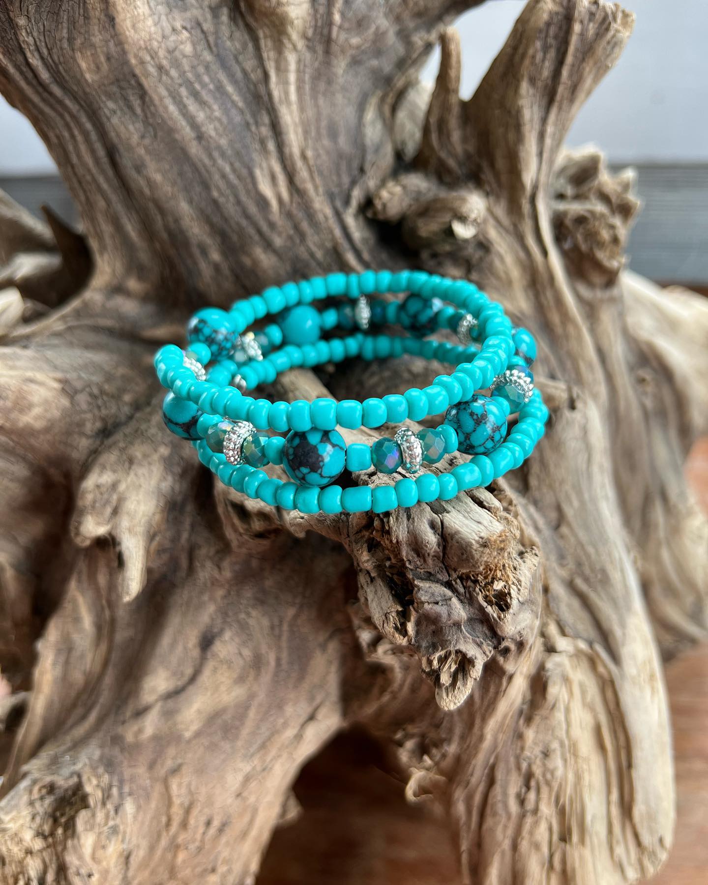 Turquoise And Silver Memory Wire Bracelet