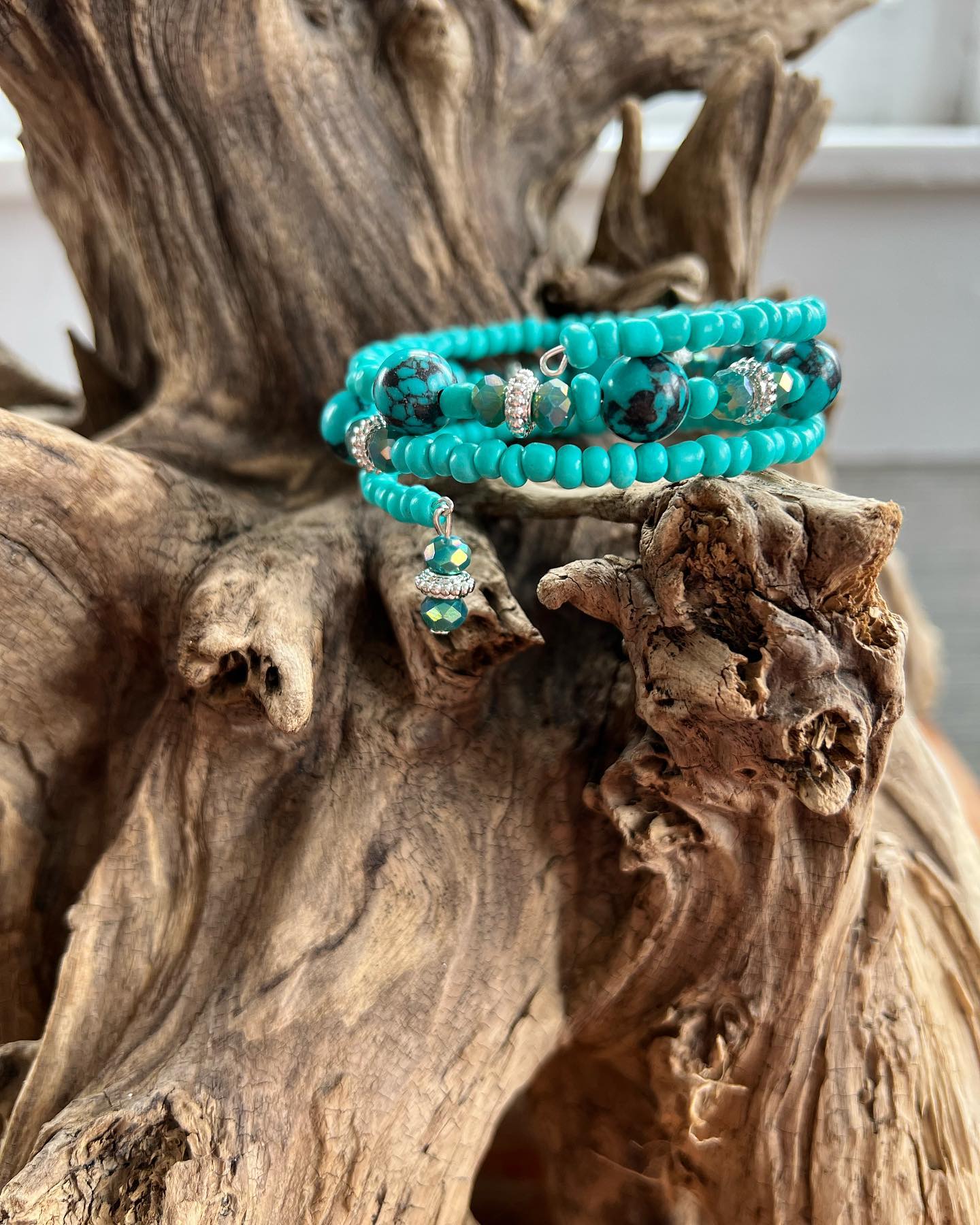 Turquoise And Silver Memory Wire Bracelet