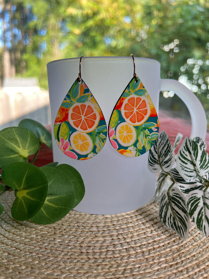 Lemon and Oranges Floral Teardrop Earrings