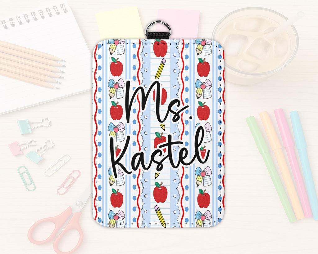 Personalized Teacher ID Badge Holder: Preppy Apple & Pencil Design