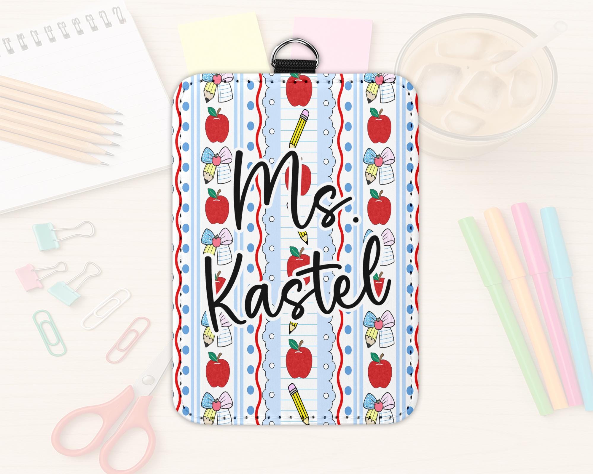 Personalized Teacher ID Badge Holder: Preppy Apple & Pencil Design