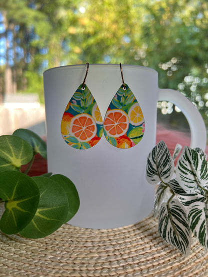 Lemon and Oranges Floral Teardrop Earrings