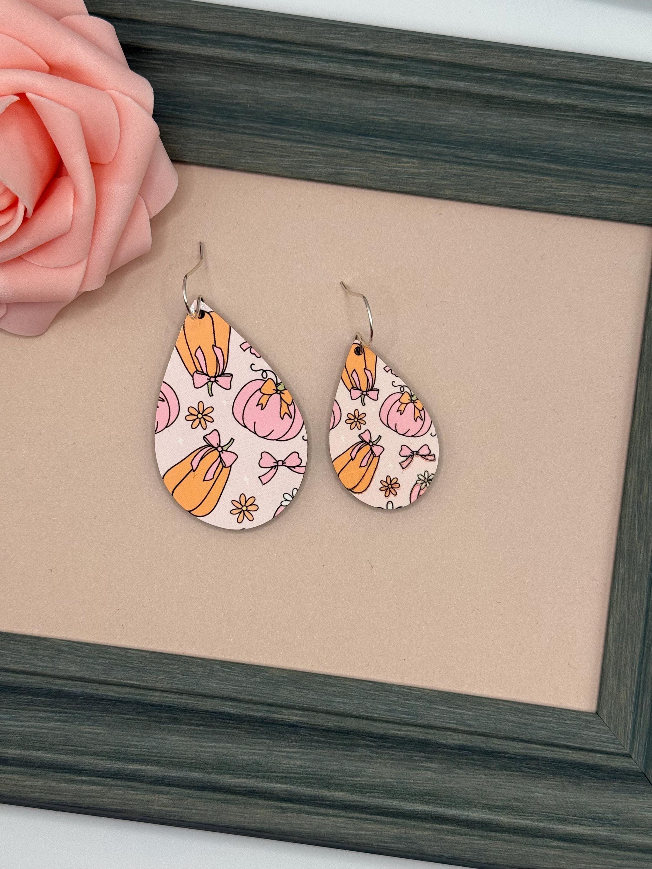 Pumpkin & Bow Teardrop Dangle Earrings