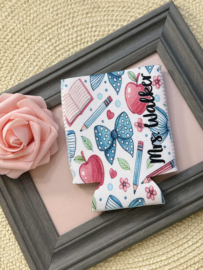 Personalized Teacher Can Cooler Bows and Apples