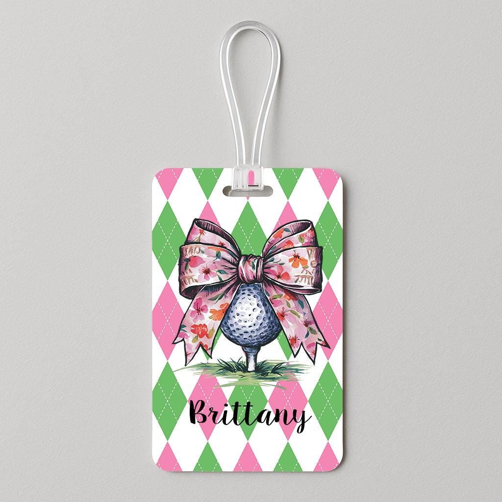 Personalized Argyle Floral Bow Golf Ball Bag Tag
