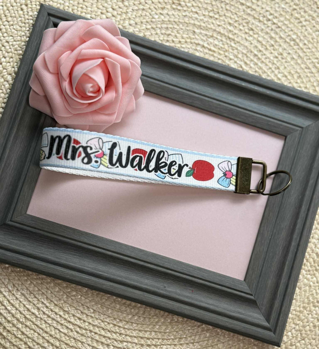Personalized Apples and Bows Teacher Key Fob Wristlet
