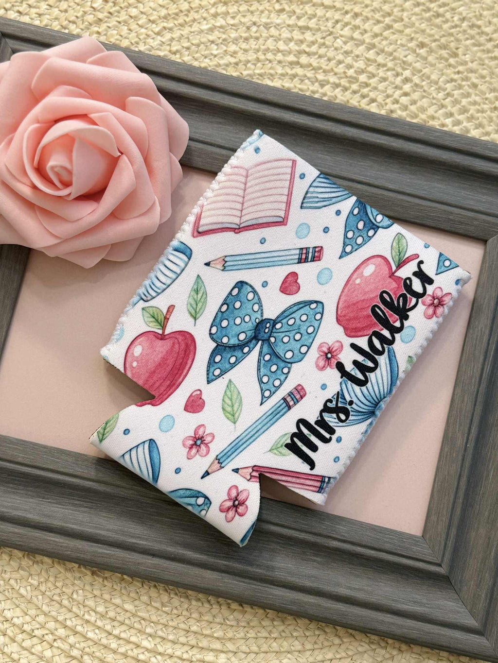 Personalized Teacher Can Cooler Bows and Apples