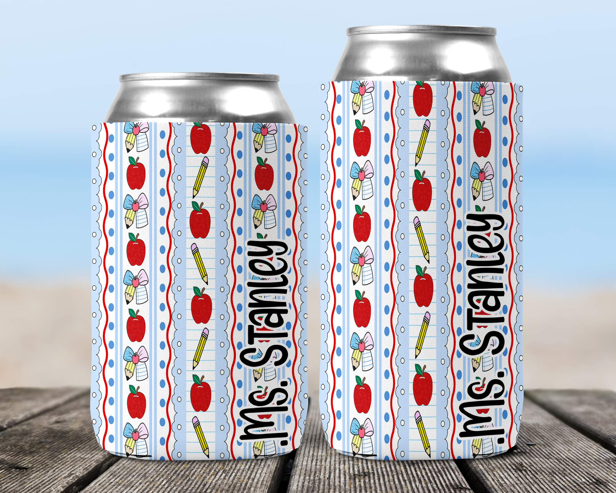 Preppy Apple and Pencil Personalized Teacher Can Cooler