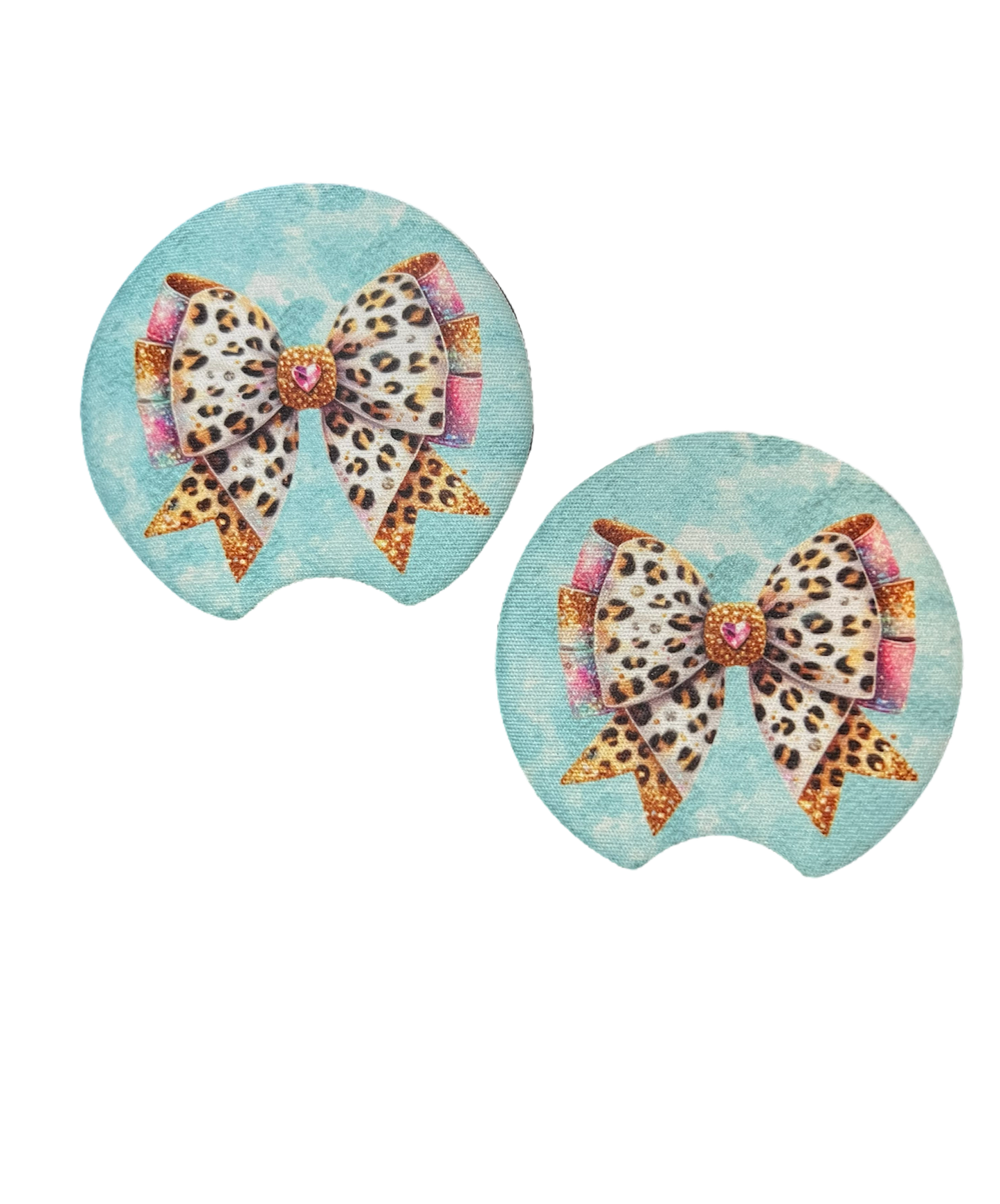 Blue and Pink Leopard Double Bow Car Coaster