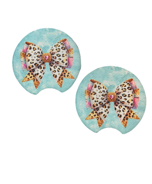 Blue and Pink Leopard Double Bow Car Coaster