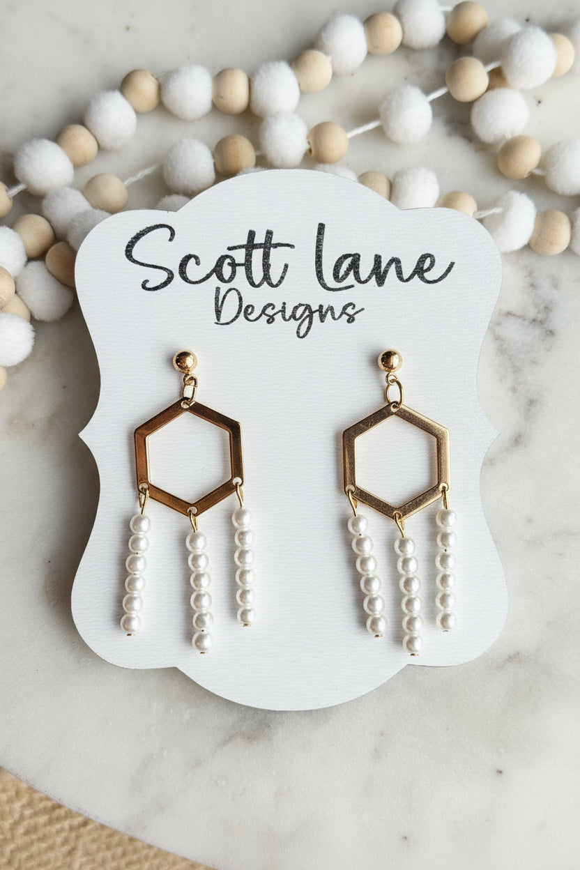 Gold Hexagon Pearl Dangle Earrings