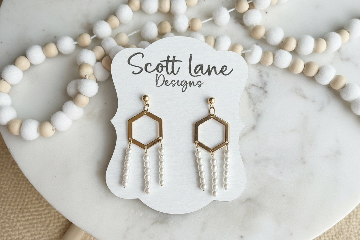 Gold Hexagon Pearl Dangle Earrings