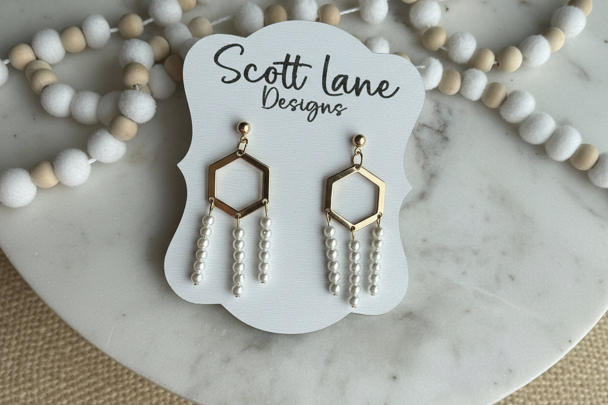 Gold Hexagon Pearl Dangle Earrings