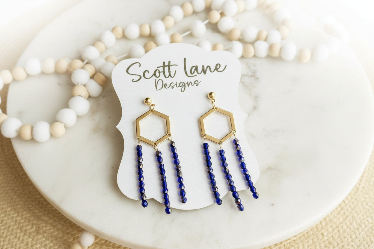 Gold Hexagon Royal Blue Bead Dangle Earrings