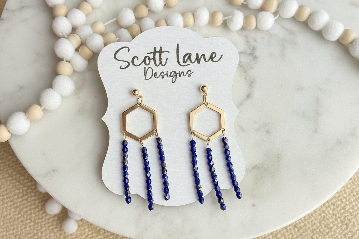 Gold Hexagon Royal Blue Bead Dangle Earrings