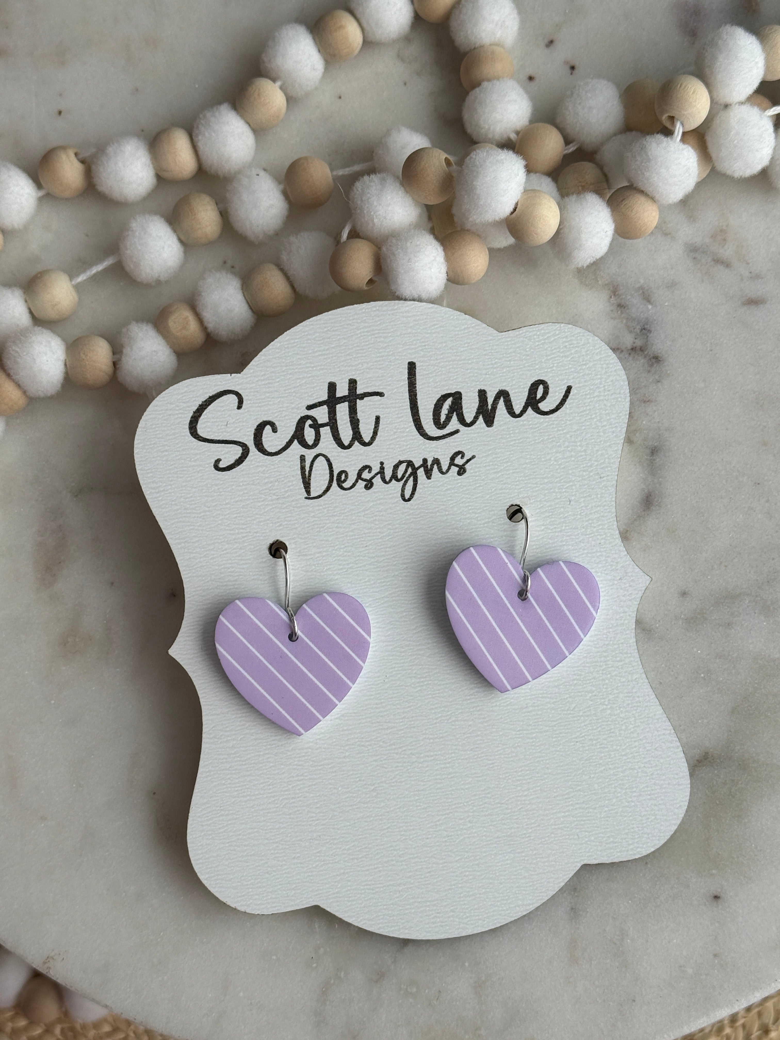Lavender Striped Heart Earrings