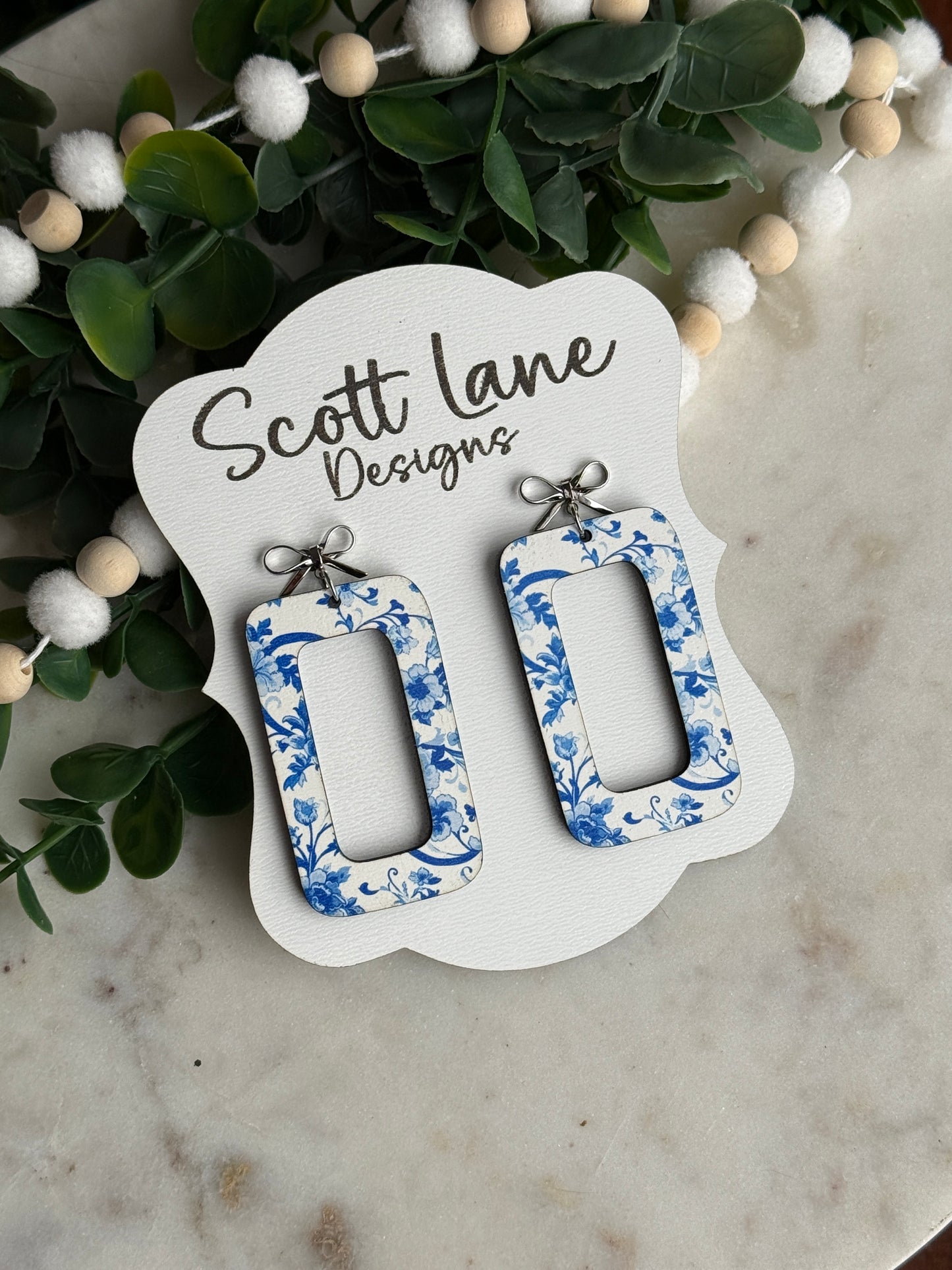 Blue Floral Rectangle Earrings