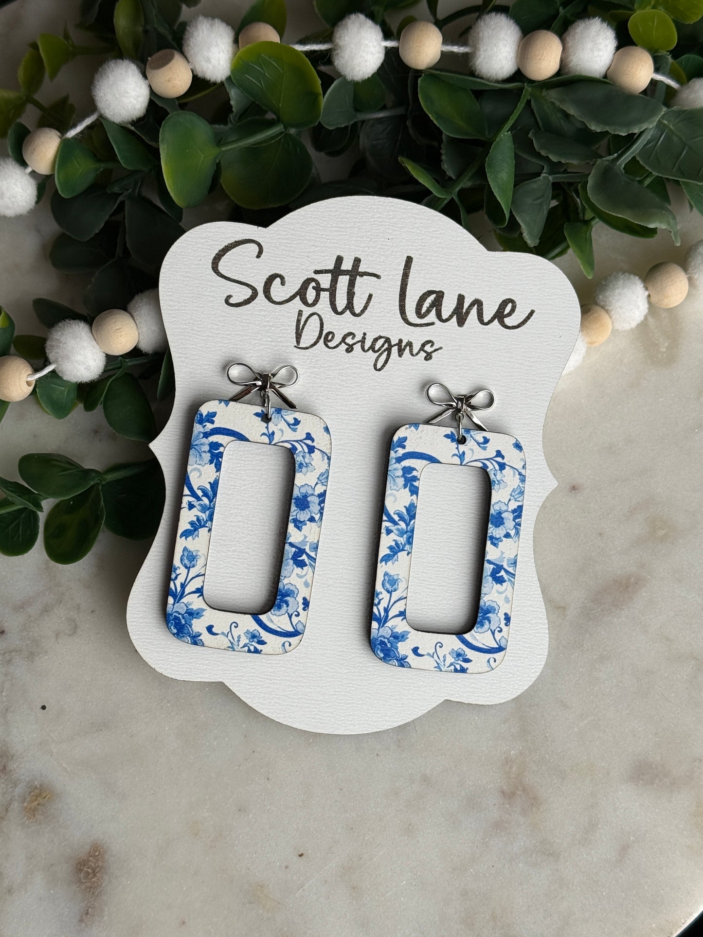 Blue Floral Rectangle Earrings