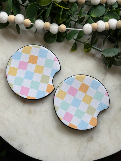 Pastel Checkered Car Coaster Set
