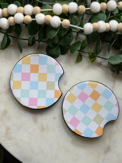 Pastel Checkered Car Coaster Set