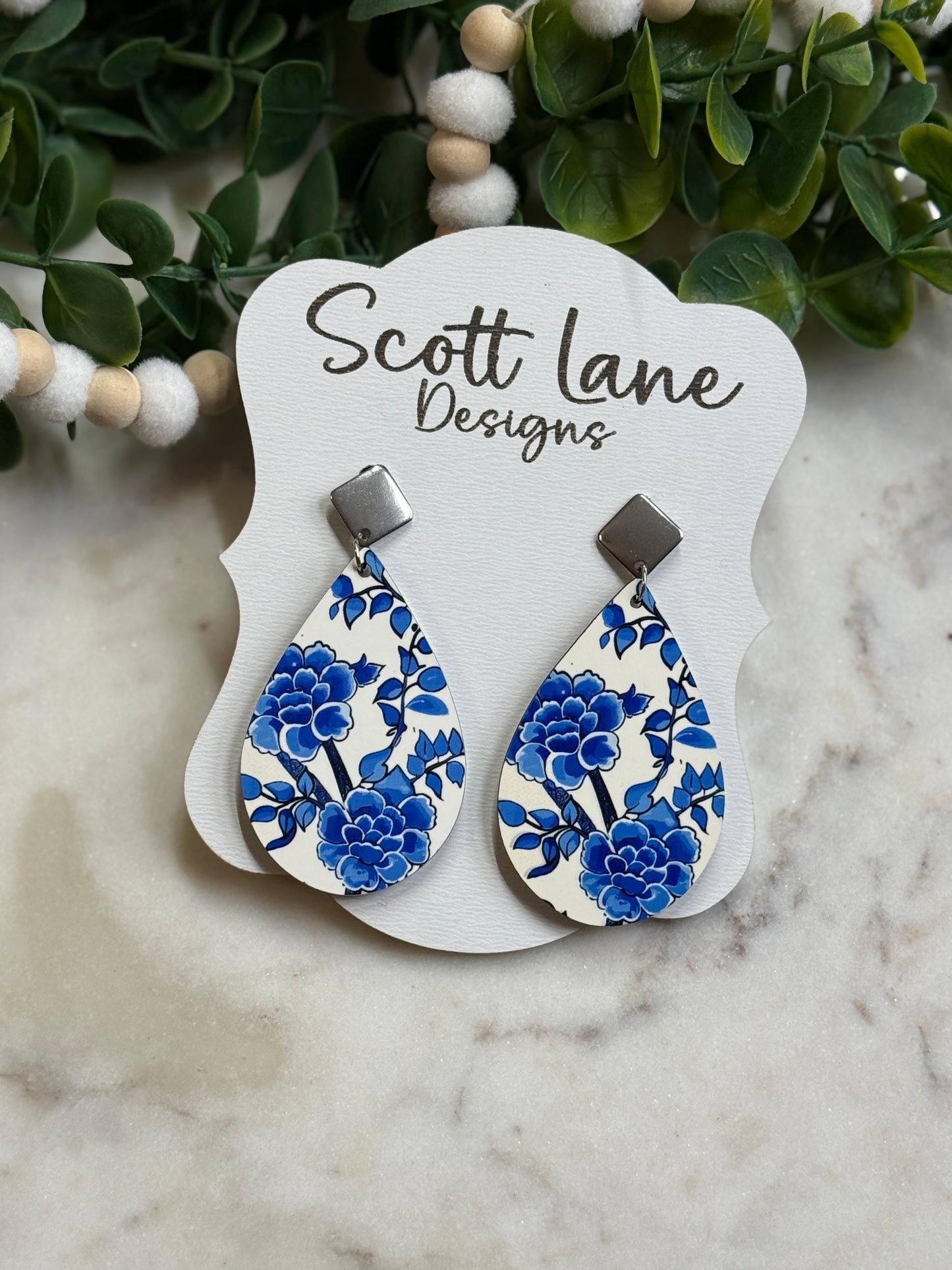 Blue Floral Teardrop Earrings