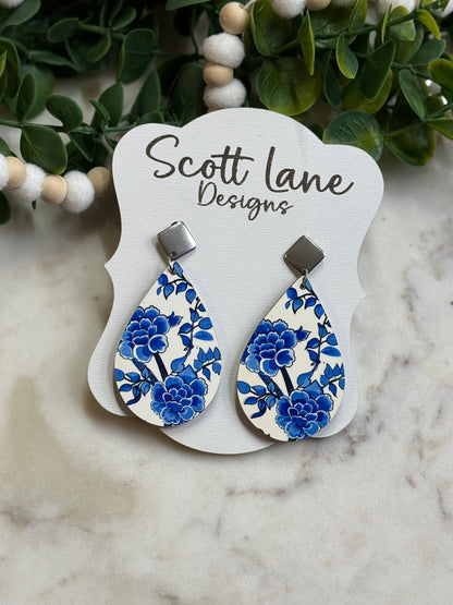 Blue Floral Teardrop Earrings
