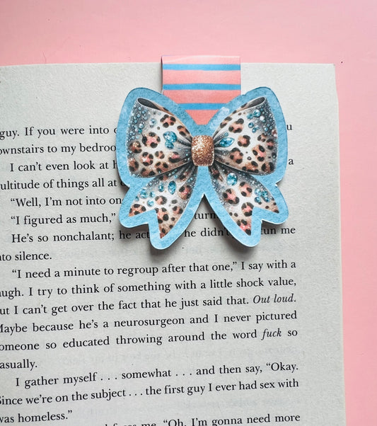 Blue Glitter Leopard Bow Magnetic Bookmark