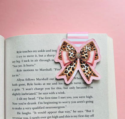 Pink Leopard Bow Magnetic Bookmark