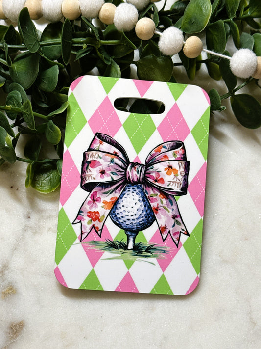 Personalized Argyle Floral Bow Golf Ball Bag Tag