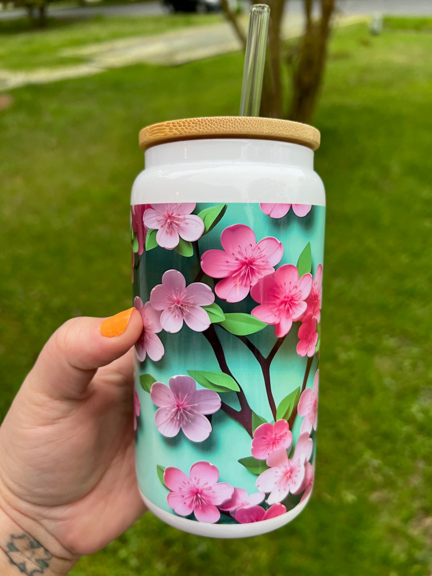 3D Cherry Blossom 16oz Glass Cup