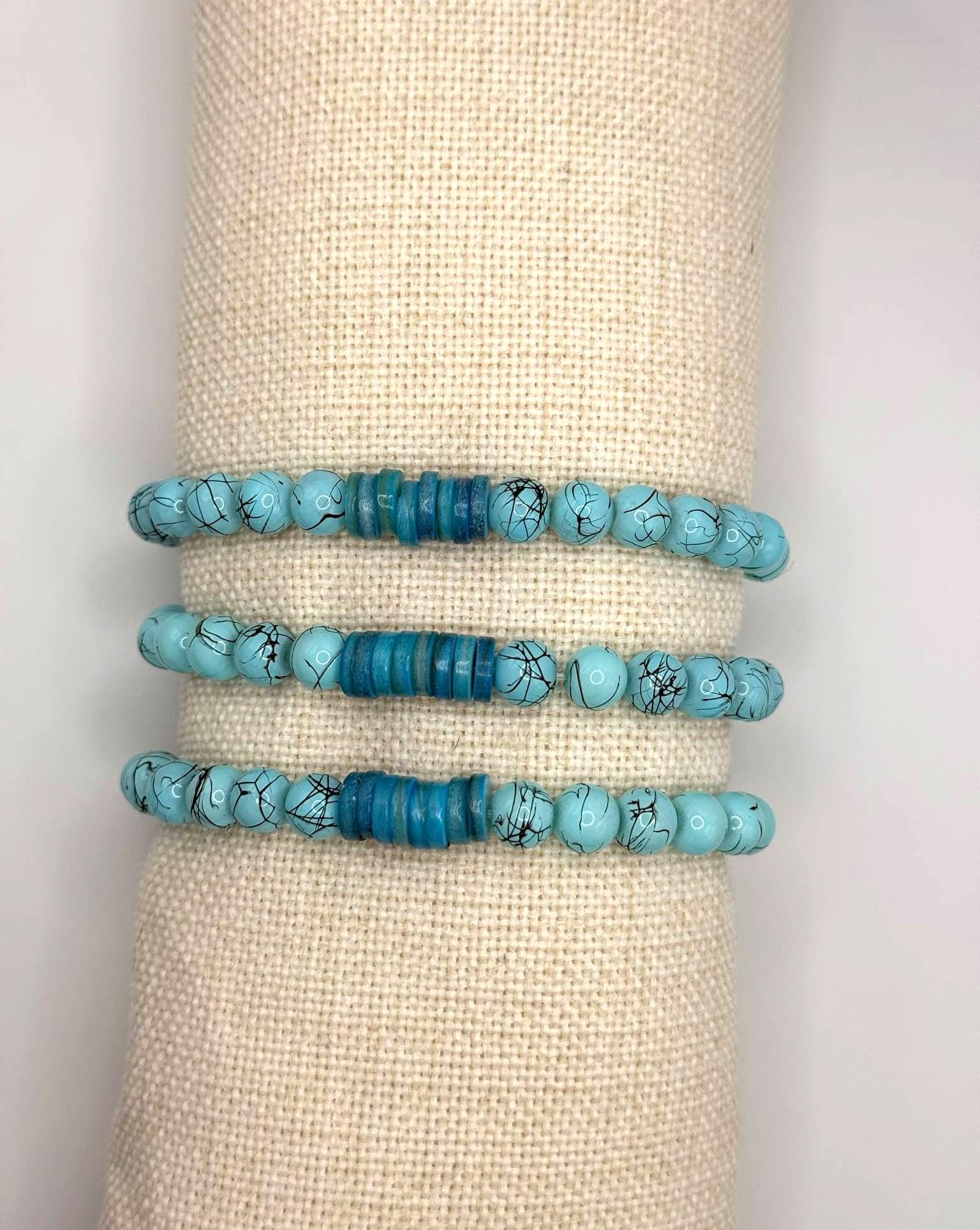 Turquoise Dyed Glass and Aqua Shell Bracelet