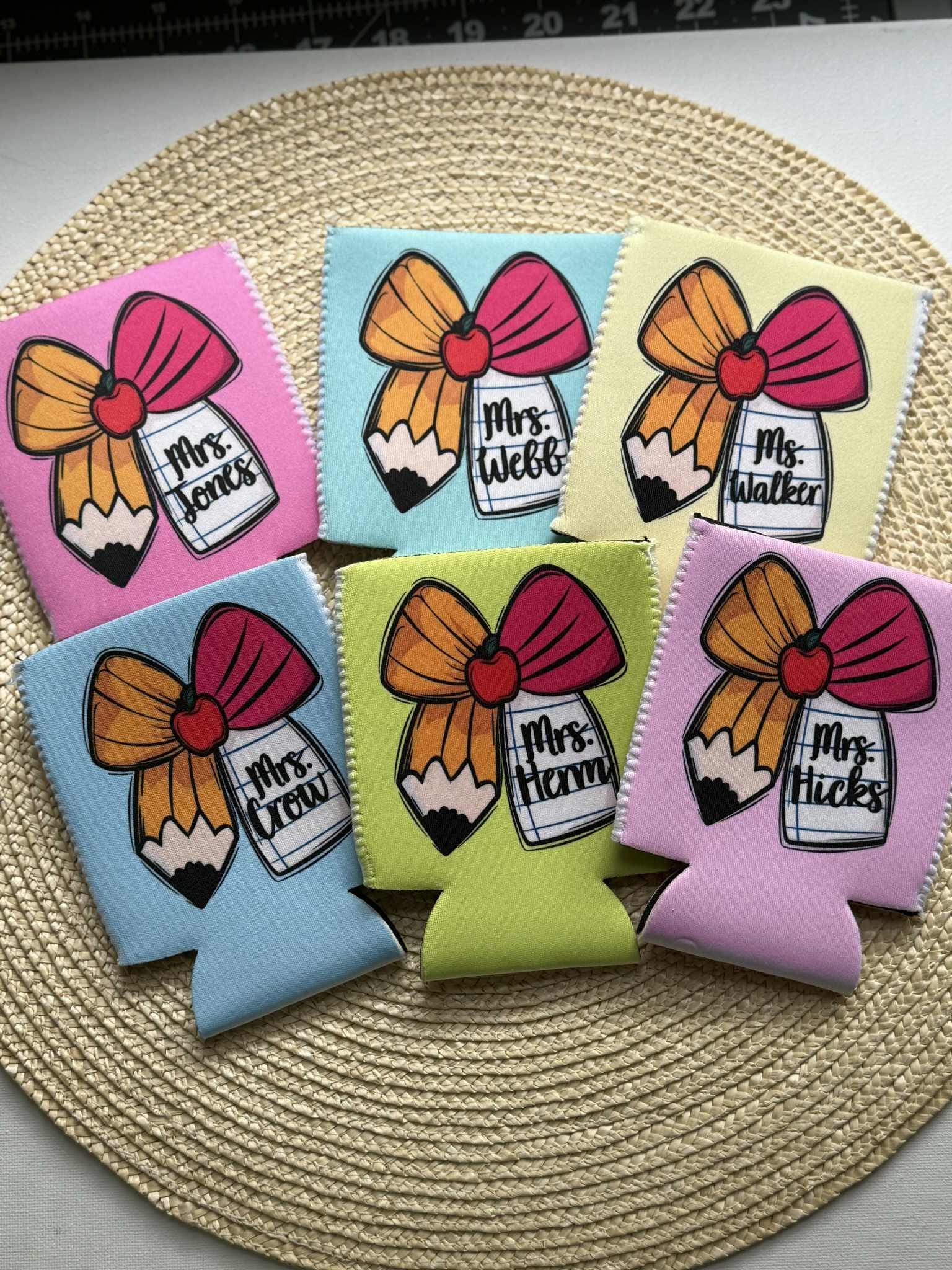 Personalized Pencil Bow Can Cooler