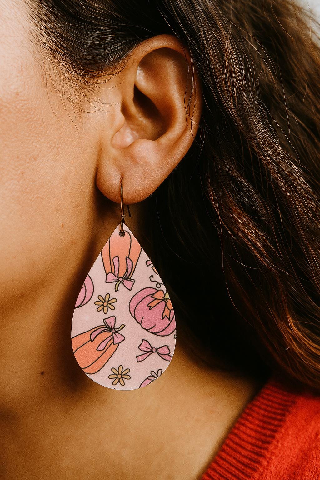 Pumpkin & Bow Teardrop Dangle Earrings