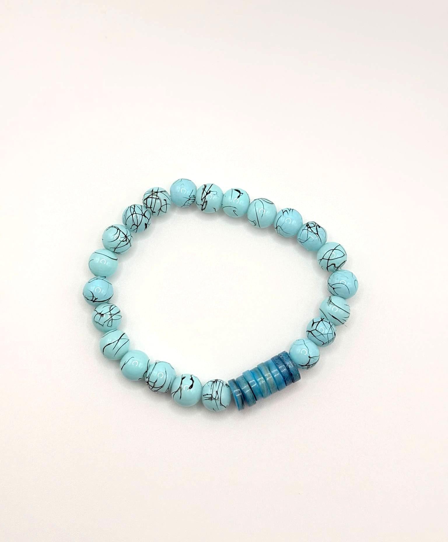 Turquoise Dyed Glass and Aqua Shell Bracelet