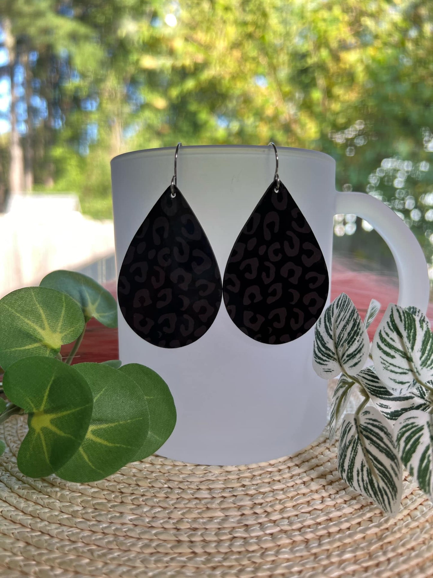 Black on Black Leopard Print Teardrop Earrings