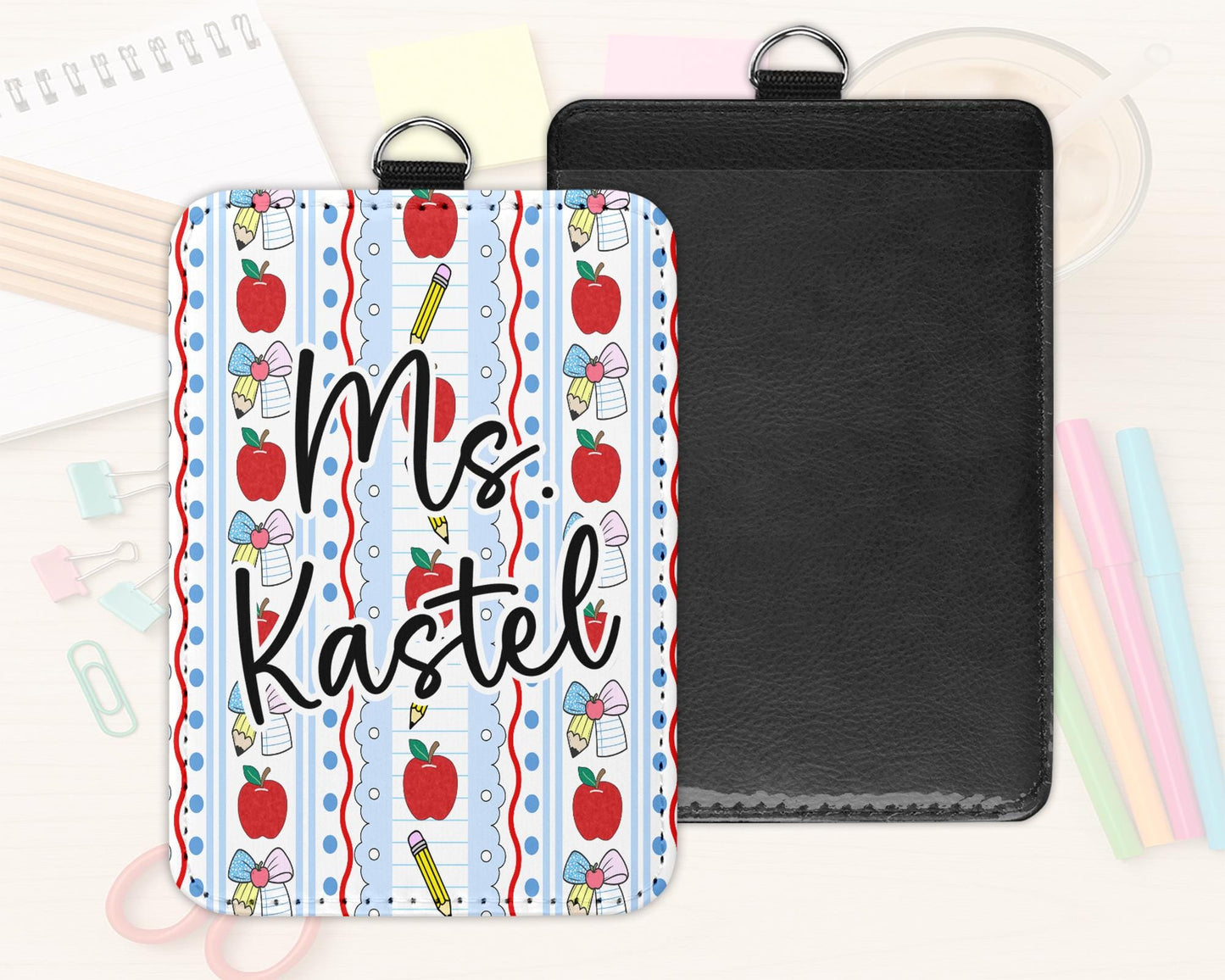 Personalized Teacher ID Badge Holder: Preppy Apple & Pencil Design