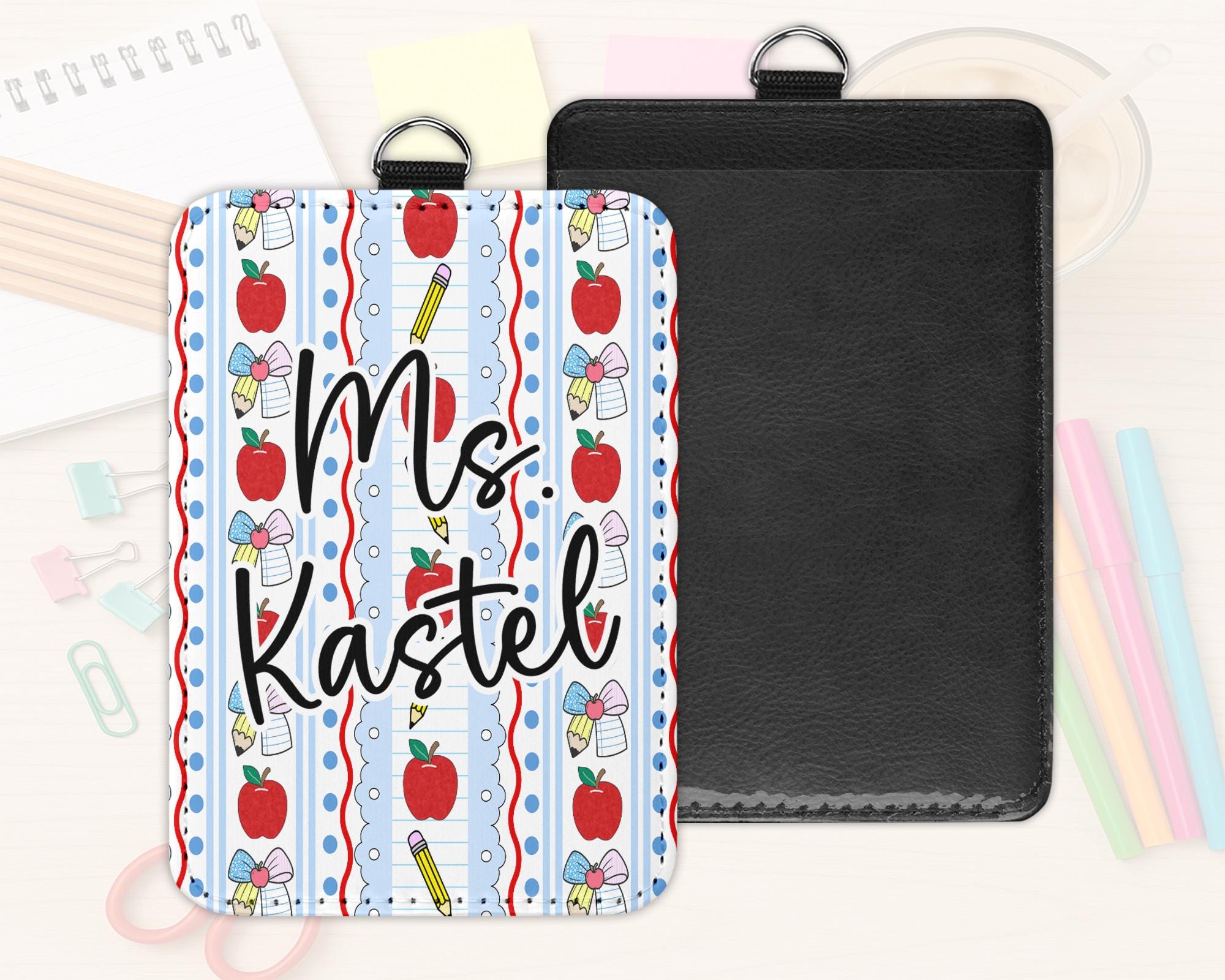 Personalized Teacher ID Badge Holder: Preppy Apple & Pencil Design