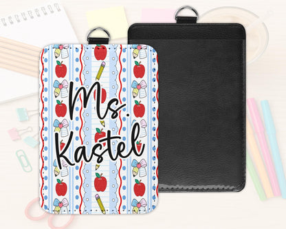 Personalized Teacher ID Badge Holder: Preppy Apple & Pencil Design