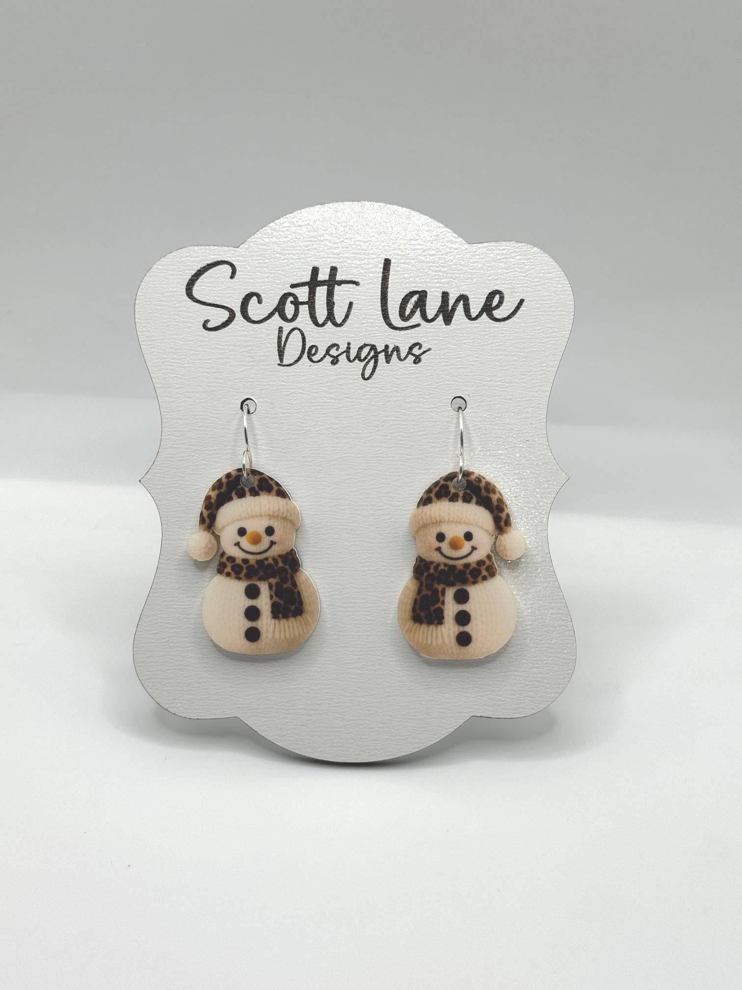Leopard Print Snowman Christmas Earrings