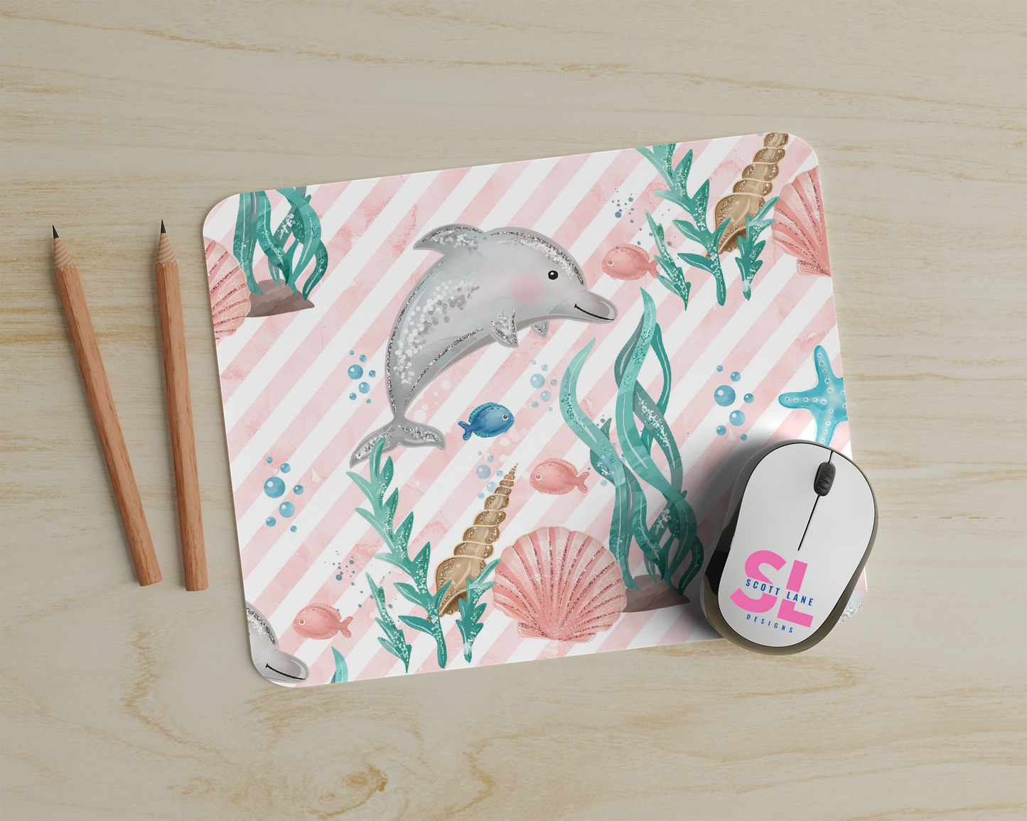 Pink Stripe Dolphin Mouse Pad