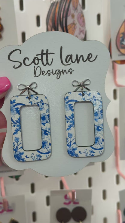 Blue Floral Rectangle Earrings