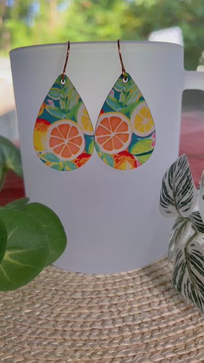 Lemon and Oranges Floral Teardrop Earrings