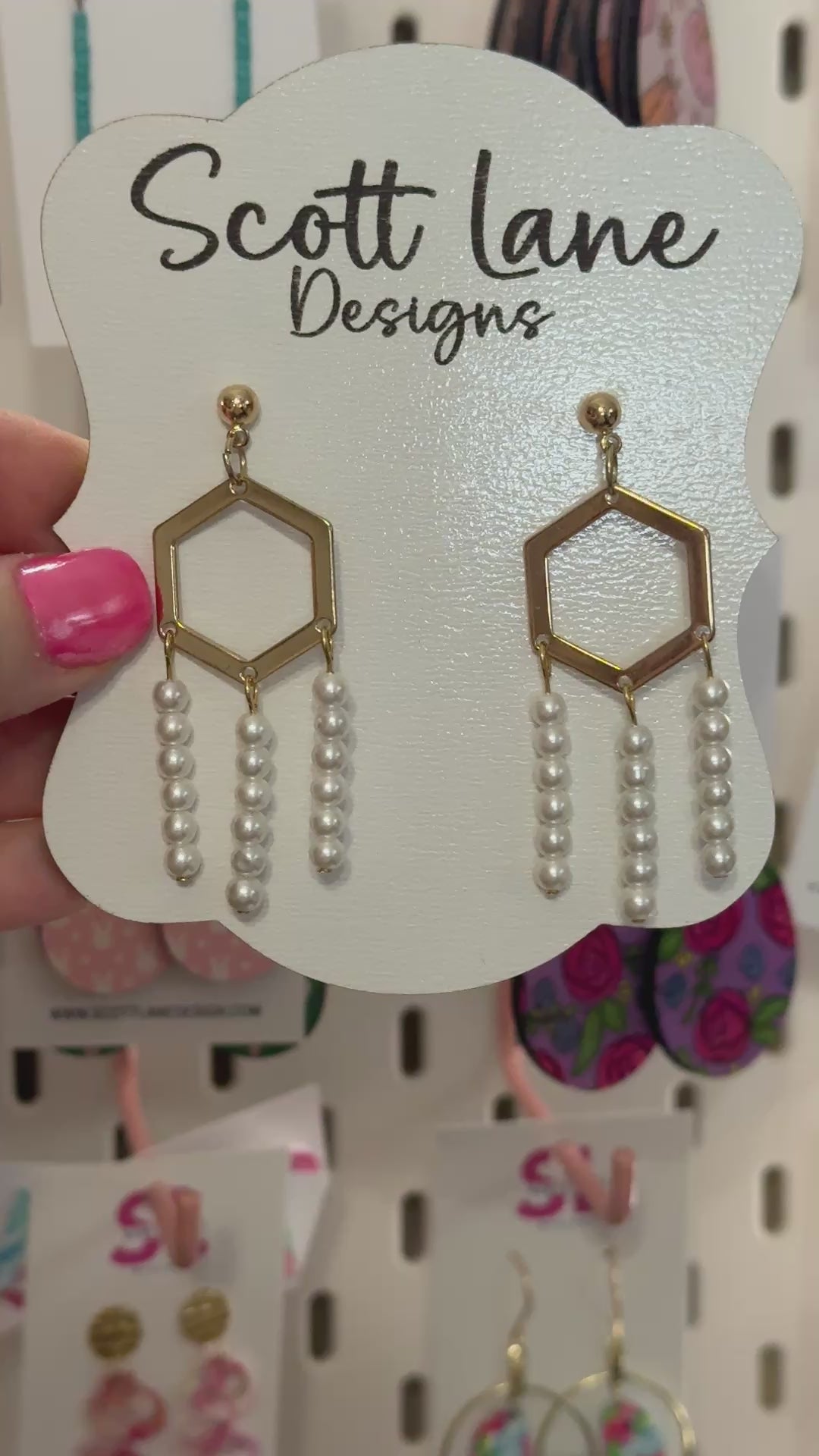 Gold Hexagon Pearl Dangle Earrings