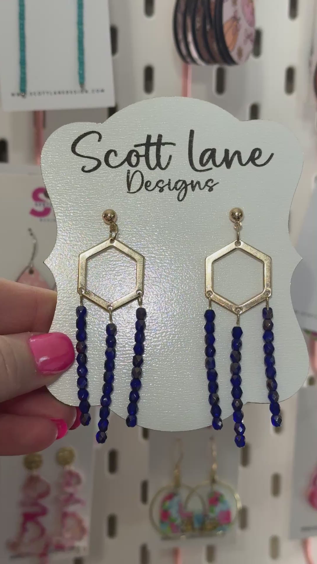 Gold Hexagon Royal Blue Bead Dangle Earrings
